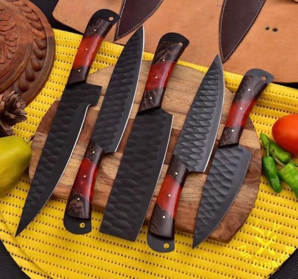 "Custom Handmade Stainless Steel Kitchen Knife Set with Black Coated Blades – Uniting Superior Craftsmanship, Cutting Efficiency, and Contemporary Style"
