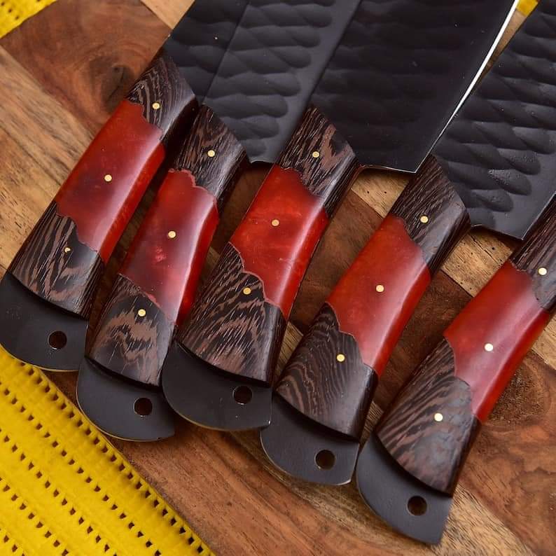 "Custom Handmade Stainless Steel Kitchen Knife Set with Black Coated Blades – Uniting Superior Craftsmanship, Cutting Efficiency, and Contemporary Style"