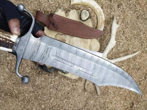 "Timeless Craftsmanship: Handmade Forged Damascus Bowie Knife with Antler Stag Handle" - Image 4