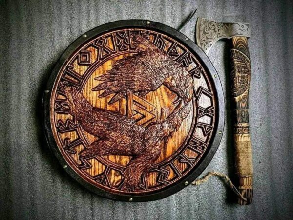 "Odin’s Ravens and Valknut Viking Shield: A Powerful Norse-Inspired Design Featuring Legendary Symbols of Odin and the Afterlife"
