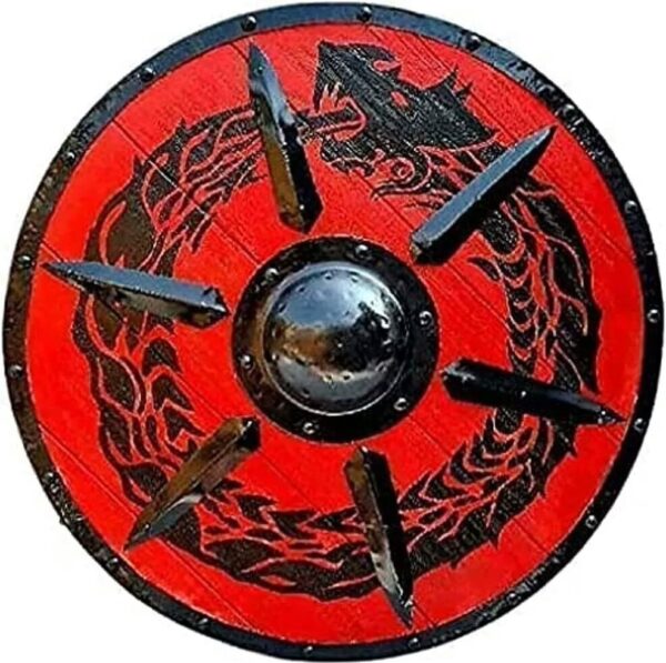 "Intricately Carved Viking Wooden Shield with a Majestic Dragon Design, Featuring a Traditional Round Shape" - Image 6