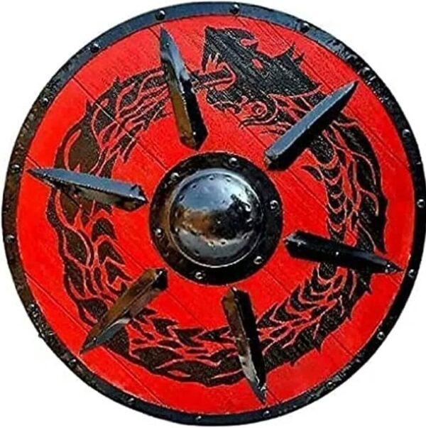 "Intricately Carved Viking Wooden Shield with a Majestic Dragon Design, Featuring a Traditional Round Shape" - Image 11
