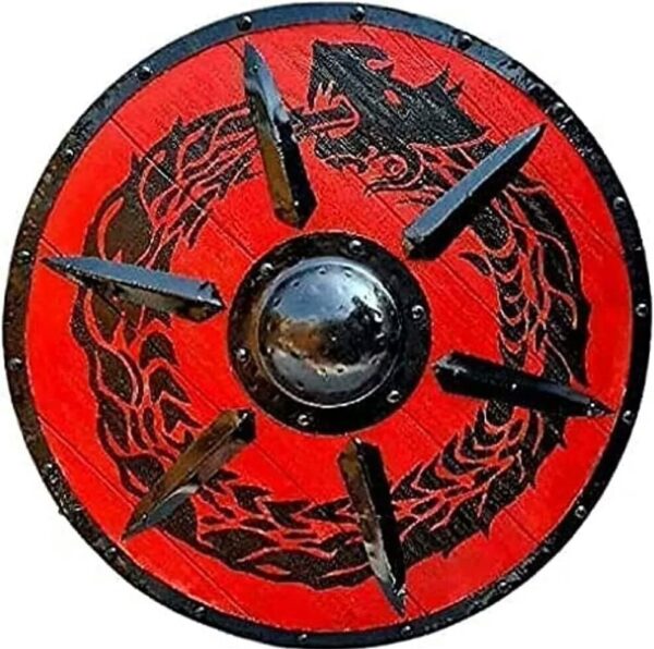 "Intricately Carved Viking Wooden Shield with a Majestic Dragon Design, Featuring a Traditional Round Shape" - Image 12