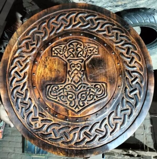 "Carved Hammer of Thor Mjölnir Knotwork Viking Shield: A Powerful Norse Design Featuring Intricate Symbolism and Viking Heritage" - Image 3