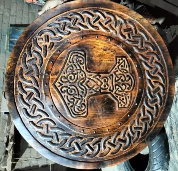 "Carved Hammer of Thor Mjölnir Knotwork Viking Shield: A Powerful Norse Design Featuring Intricate Symbolism and Viking Heritage" - Image 4