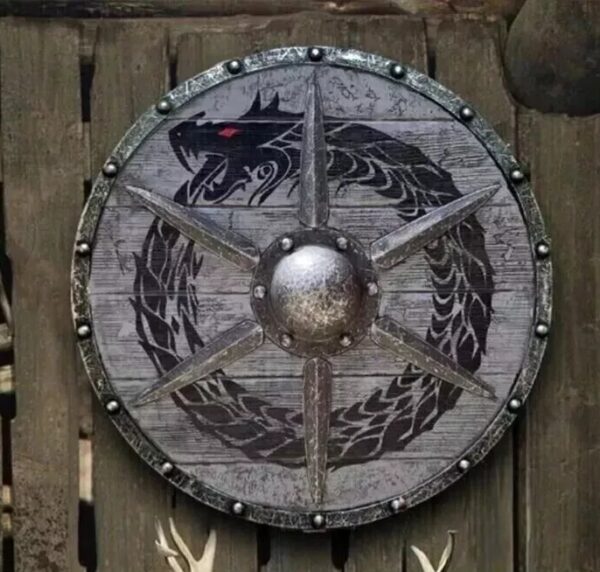 "Intricately Carved Viking Wooden Shield with a Majestic Dragon Design, Featuring a Traditional Round Shape" - Image 5