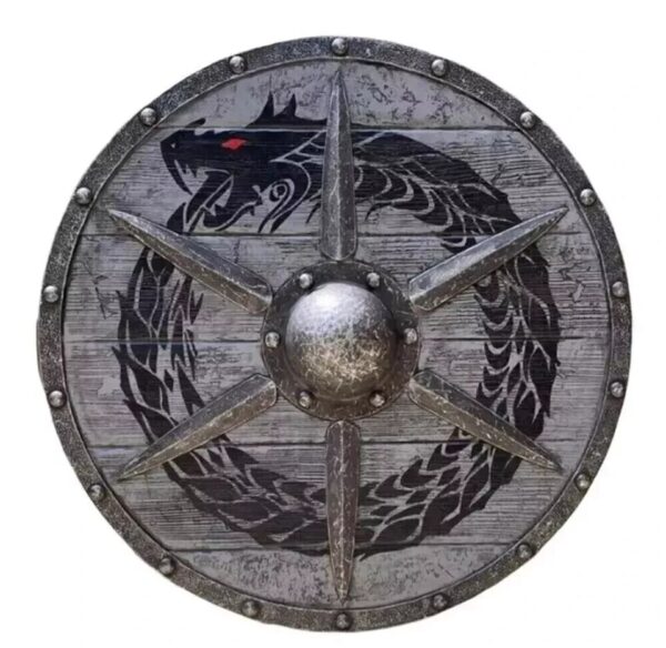 "Intricately Carved Viking Wooden Shield with a Majestic Dragon Design, Featuring a Traditional Round Shape" - Image 7