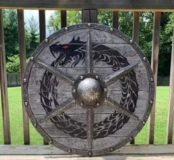 "Intricately Carved Viking Wooden Shield with a Majestic Dragon Design, Featuring a Traditional Round Shape"