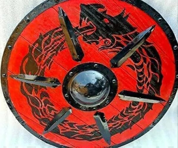 "Intricately Carved Viking Wooden Shield with a Majestic Dragon Design, Featuring a Traditional Round Shape" - Image 9